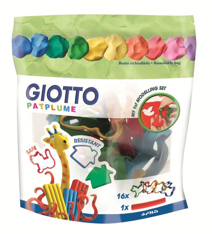 Confezione appendibile contenente 16 formine ed un mattarello per modellare la plastilina Giotto Patplume. fila